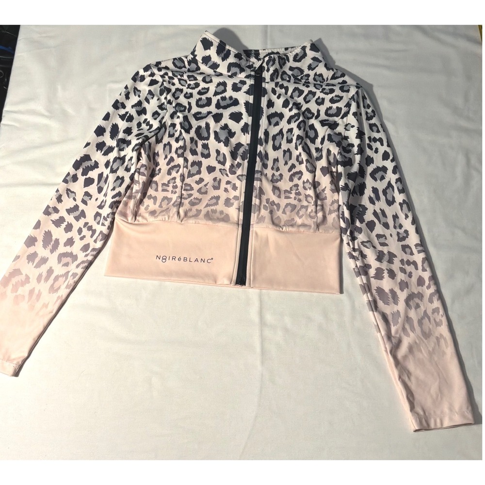 Noir Blanc Pink Grey Leopard Ombre Cropped Full Zip Active Jacket Womens Large